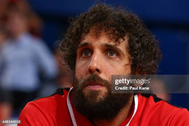 Matt Knight of the Wildcats looks on from the bench during game three of the NBL Grand Final series between the Perth Wildcats and the Illawarra...