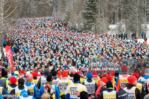 Competitors take the start of the long distance cross country ski competition Vasloppet in Salen, on March 5, 2017. Vasaloppet is 90 kilometers from...