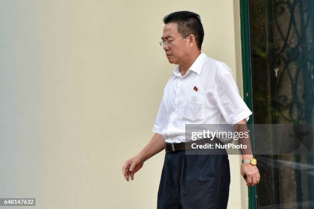 North Korean Embassy counsellor Kim Yu Song step out from the North Korea Embassy in Kuala Lumpur, Malaysia on March 05, 2017 at Kuala Lumpur,...