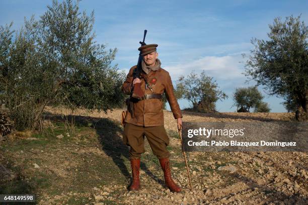 Historical re-enactor Alan Warren from United Kingdom dressed as a XV International Brigades member poses for a portrait after a re-enactment of the...