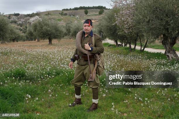 Historical re-enactor Jose Maria Torres dressed as Franco's troop Falange Morocco Batallion poses for a portrait before a re-enactment of the Battle...