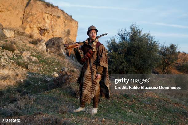 Historical re-enactor Javier Torres dressed as a Republican poses for a portrait after a re-enactment of the Battle of Jarama to mark its 80...