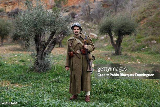 Historical re-enactor Felix Feito dressed as a Dimitrov Batallion member of the International Brigades poses for a portrait before a re-enactment of...