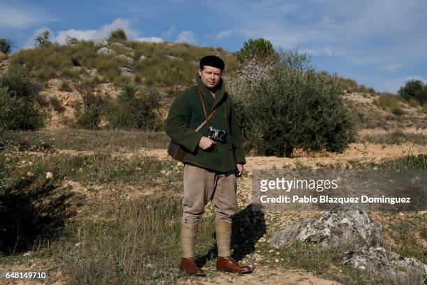 Historical re-enactor Hanson Leatherby from United Kingdom dressed as a war correspondent poses for a portrait before a re-enactment of the Battle of...