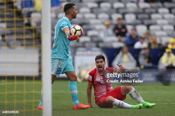 Bruno Fornaroli pleads to the referee after colliding with Paul Izzo during the round 22 A-League match between the Central Coast Mariners and...
