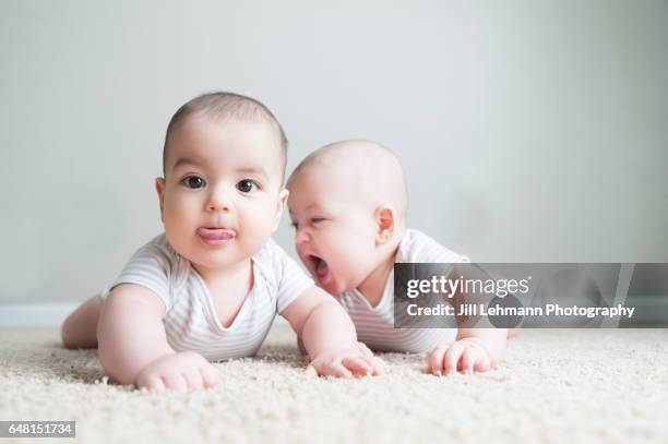 7 month fraternal twin boys play together - fraternal twin stock pictures, royalty-free photos & images