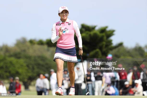 Bo-Mee Lee of South Korea reacts during the final round of the Daikin Orchid Ladies Golf Tournament at the Ryukyu Golf Club on March 5, 2017 in...
