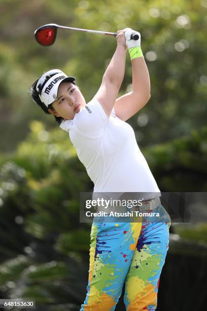 Shoko Sasaki of Japan hits her tee shot on the 7th hole during the final round of the Daikin Orchid Ladies Golf Tournament at the Ryukyu Golf Club on...