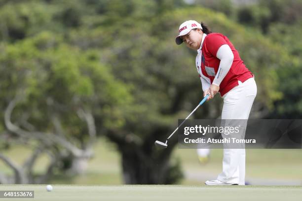 Sun-Ju Ahn of South Korea putts on the 14th green during the final round of the Daikin Orchid Ladies Golf Tournament at the Ryukyu Golf Club on March...