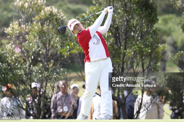 Sun-Ju Ahn of South Korea hits her tee shot on the 4th hole during the final round of the Daikin Orchid Ladies Golf Tournament at the Ryukyu Golf...