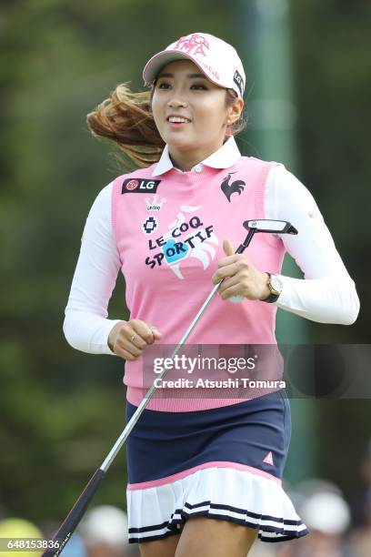 Bo-Mee Lee of South Korea smiles during the final round of the Daikin Orchid Ladies Golf Tournament at the Ryukyu Golf Club on March 5, 2017 in...