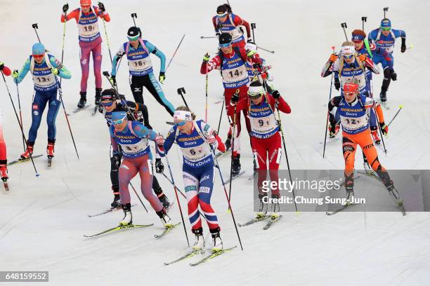 Kaia Woeien Nicolaisen of Norway leads the pack in the Women's 4x6km relay during the BMW IBU World Cup Biathlon 2017 - test event for PyeongChang...