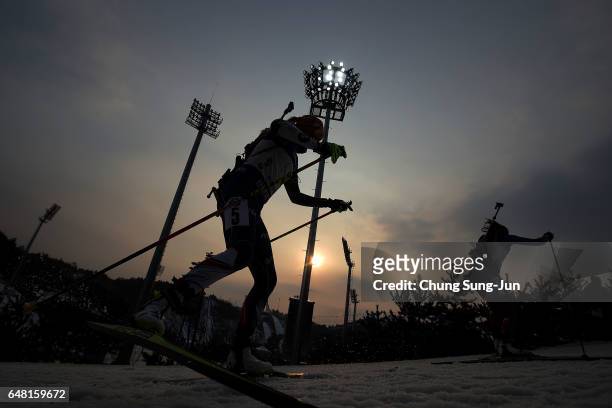 Biathletes compete in the Women's 4x6km relay during the BMW IBU World Cup Biathlon 2017 - test event for PyeongChang 2018 Winter Olympic Games at...