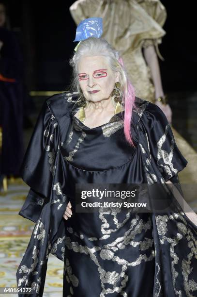 Designer Vivienne Westwood walks the runway during the Vivienne Westwood show as part of Paris Fashion Week Womenswear Fall/Winter 2017/2018 on March...