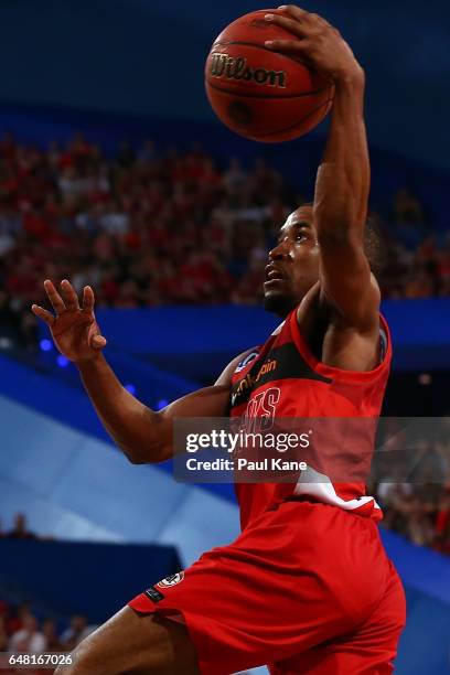 Bryce Cotton of the Wildcats lays up during game three of the NBL Grand Final series between the Perth Wildcats and the Illawarra Hawks at Perth...