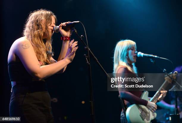 Singers Bethany Cosentino of Best Coast and Liz Phair perform onstage during the "Don't Site Down: Planned Parenthood Benefit Concert" at El Rey...