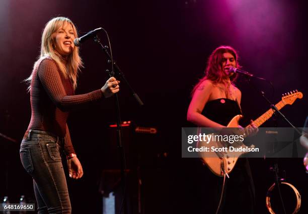Singers Liz Phair and Bethany Cosentino of Best Coast perform onstage during the "Don't Site Down: Planned Parenthood Benefit Concert" at El Rey...