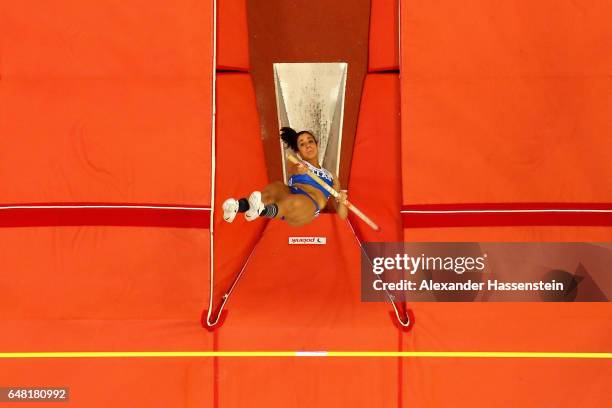 Ekaterini Stefanidi of Greece competes in the Women's Pole Vault final on day two of the 2017 European Athletics Indoor Championships at the Kombank...