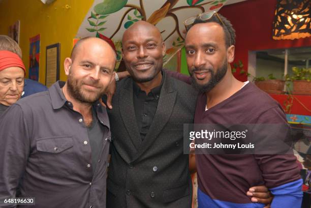 David Belle, Jimmy Jean-Louis and Jean H Marcelin attend the after party to the Miami Film Festival screening for "Serenade for Haiti" at Tap Tap...