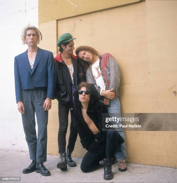 Portrait of Jane's Addiction, left to right, Eric Avery, Perry Farrell, Dave Navarro, and Stephen Perkins at the Palladium in Los Angeles,...