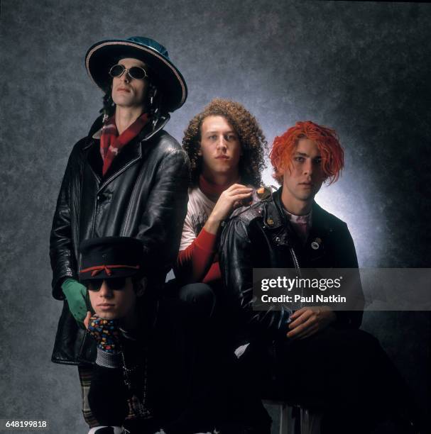 Portrait of music group Jane's Addiction, Chicago, Illinois, November 27, 1988. Pictured are, clockwise from lower left, musicians Dave Navarro,...