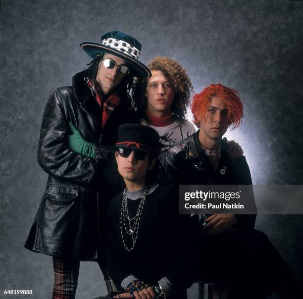 Portrait of music group Jane's Addiction, Chicago, Illinois, November 27, 1988. Pictured are, clockwise from lower left, musicians Dave Navarro,...