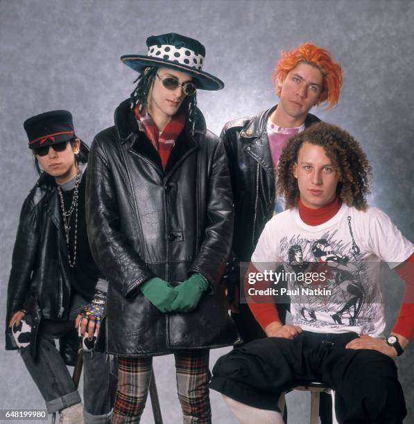 Portrait of music group Jane's Addiction, Chicago, Illinois, November 27, 1988. Pictured are, from left, musicians Dave Navarro, Perry Farrell, Eric...