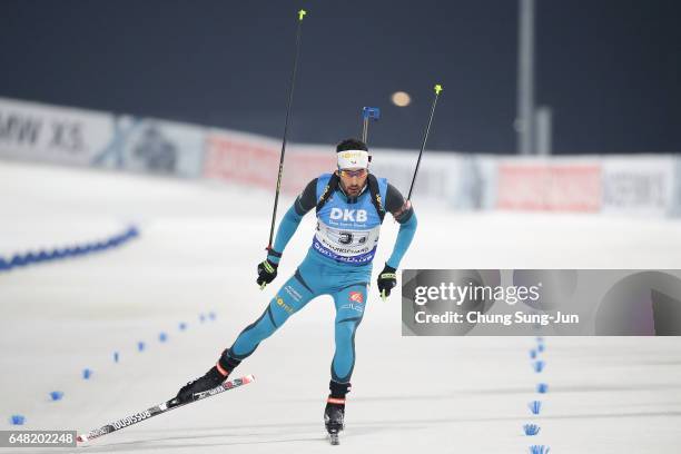 Martin Fourcade of France competes in the Men's 4x7.5 Km Relay during the BMW IBU World Cup Biathlon 2017 - test event for PyeongChang 2018 Winter...