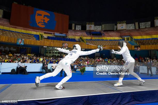 Ariane Leonard of Canada fences Catherine Nixon of the USA in the gold medal match of the Junior Women's Epee competition at the Cadet and Junior...