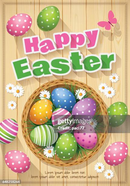 easter basket with colored eggs with text happy easter - spring grass top view stock illustrations