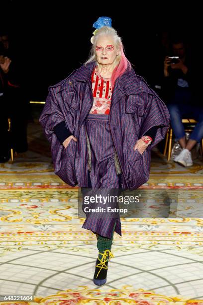 Designer Vivienne Westwood walks the runway during the Vivienne Westwood show as part of the Paris Fashion Week Womenswear Fall/Winter 2017/2018 on...