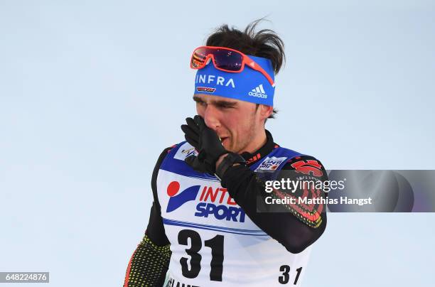 Jonas Dobler of Germany is dejeccted after in the Men's Cross Country Mass Start during the FIS Nordic World Ski Championships on March 5, 2017 in...