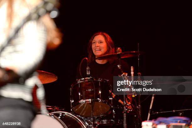 Drummer Patty Schemel of the band Hole performs onstage during the "Don't Site Down: Planned Parenthood Benefit Concert" at El Rey Theatre on March...