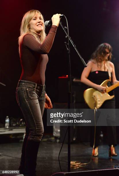 Singers Liz Phair and Bethany Cosentino of Best Coast perform onstage during the "Don't Site Down: Planned Parenthood Benefit Concert" at El Rey...