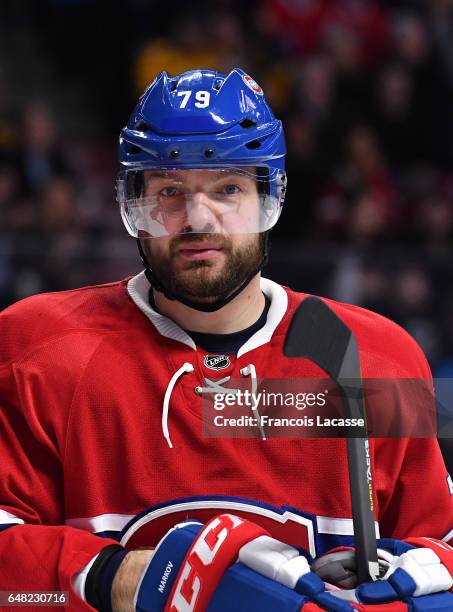 Andrei Markov of the Montreal Canadiens during the NHL game against the Nashville Predators in the NHL game at the Bell Centre on March 2, 2017 in...