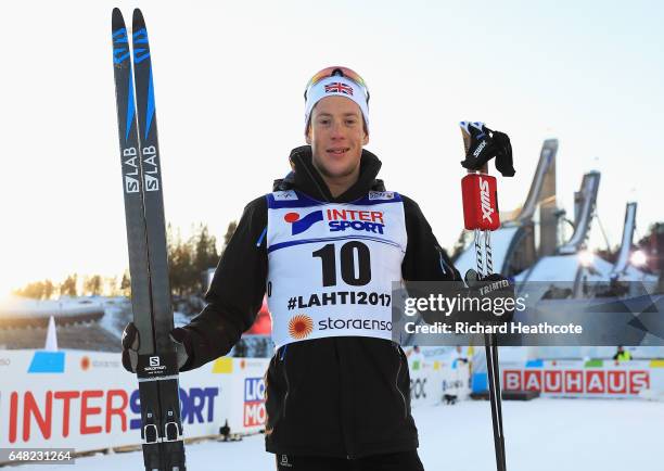 Andrew Musgrave of Great Britain poses for the media after finishing fourth in the Men's Cross Country Mass Start during the FIS Nordic World Ski...