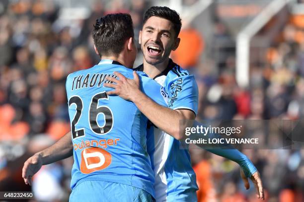 Marseille's French midfielder Morgan Sanson celebrates after scoring a goal during the French L1 football match FC Lorient vs Olympique de Marseille...