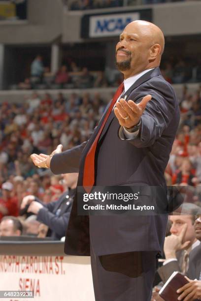 Head coach Mike Jarvis of the St. John's Redmen looks on during the NCAA College Basketball Tournament 1st round game against the Wisconsin Badgers...