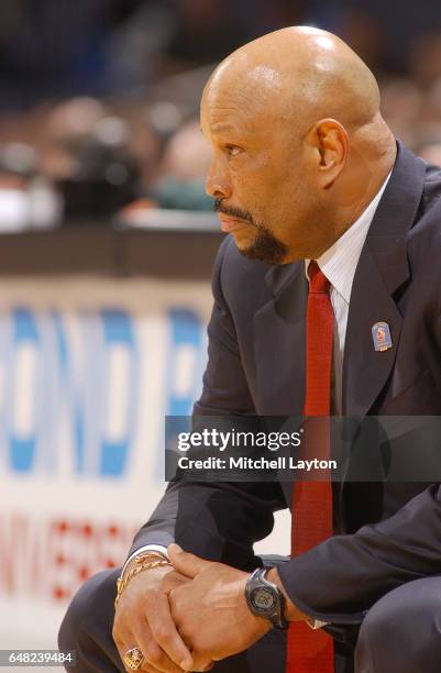 Head coach Mike Jarvis of the St. John's Redmen looks on during the NCAA College Basketball Tournament 1st round game against the Wisconsin Badgers...