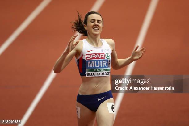 Laura Muir of Great Britain crosses the finish line to win the gold medal during the Women's 3000 metres final on day three of the 2017 European...