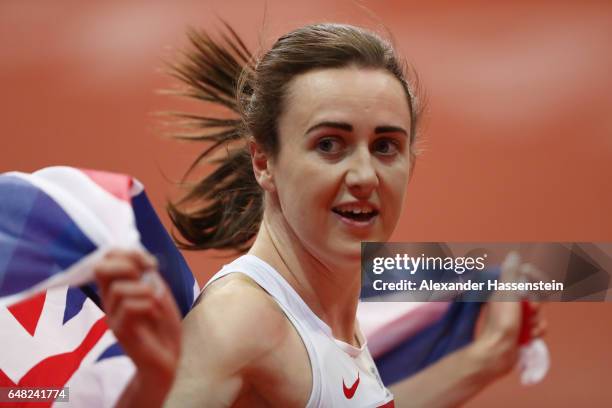 Laura Muir of Great Britain celebrates after winning the gold medal during the Women's 3000 metres final on day three of the 2017 European Athletics...