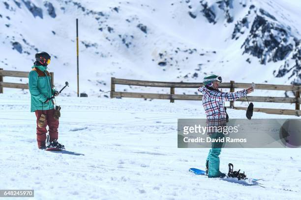 Woman takes a selfie at Sierra Nevada sky resort ahead of the FIS Freestyle Ski & Snowboard World Championships 2017 on March 5, 2017 in Sierra...