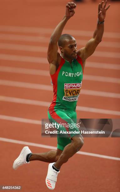 Nelson Evora of Portugal competes in the Men's Triple Jump final on day three of the 2017 European Athletics Indoor Championships at the Kombank...
