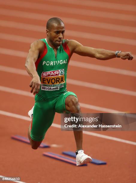 Nelson Evora of Portugal competes in the Men's Triple Jump final on day three of the 2017 European Athletics Indoor Championships at the Kombank...