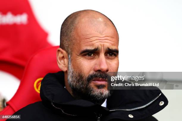 Manchester City manager Josep Guardiola looks on during the Premier League match between Sunderland and Manchester City at Stadium of Light on March...