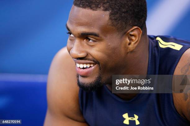 Defensive lineman Jonathan Allen of Alabama looks on during day five of the NFL Combine at Lucas Oil Stadium on March 5, 2017 in Indianapolis,...