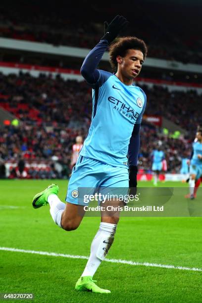 Leroy Sane of Manchester City celebrates scoring his side's second goal during the Premier League match between Sunderland and Manchester City at...