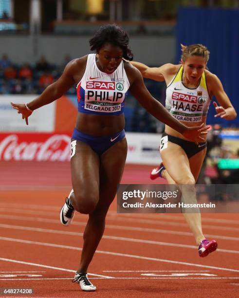 Asha Philip of Great Britain wins the gold medal during the Women's 60 metres final on day three of the 2017 European Athletics Indoor Championships...