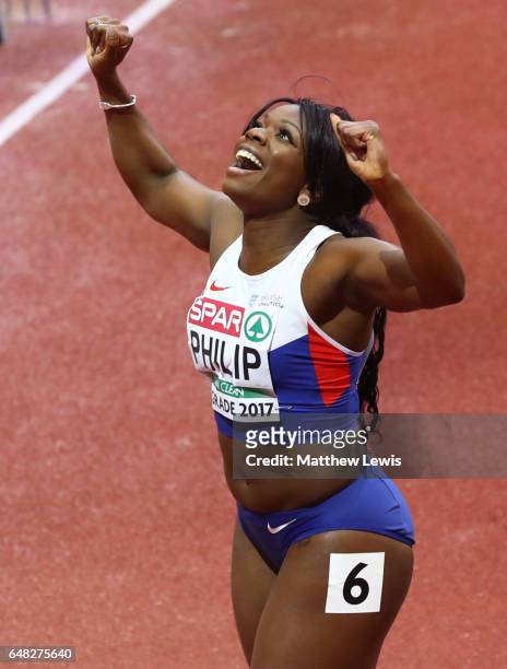 Asha Philip of Great Britaincelebrates winning the Womens 60m Final on day three of the 2017 European Athletics Indoor Championships at Kombank Arena...
