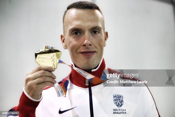 Richard Kilty of Great Britain pictured with his Gold medal from the Mens 60m Final on day three of the 2017 European Athletics Indoor Championships...